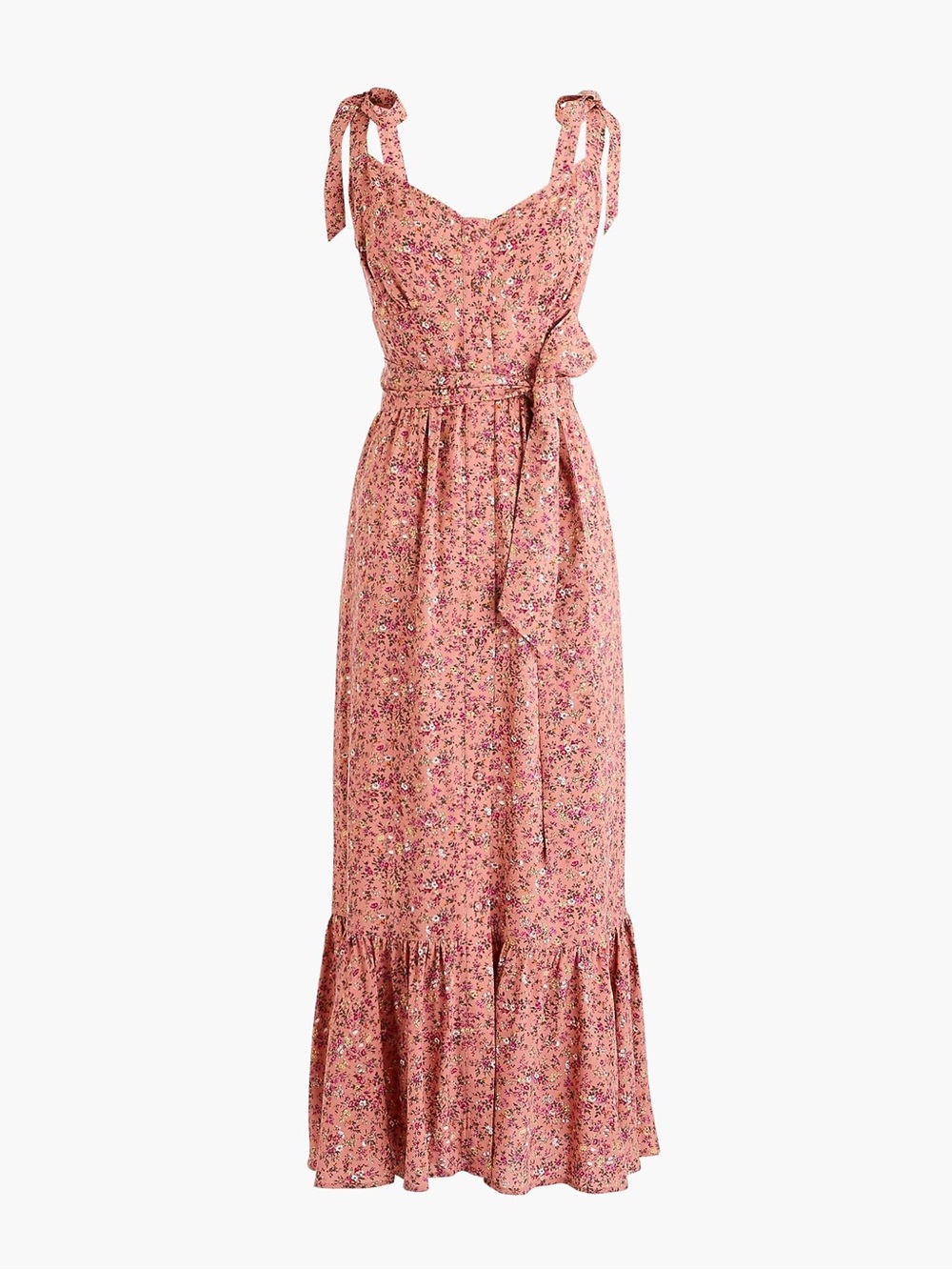 J.Crew Floral Button Front Midi Dress Ruffle Hem Tie Shoulder Pink Coral 2